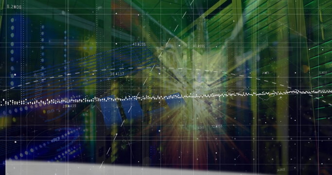 Image of statistical data processing and light spot against computer server room