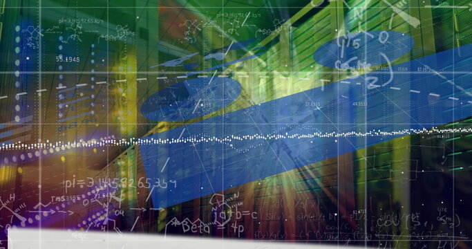 Image of statistical data processing and light spot against computer server room