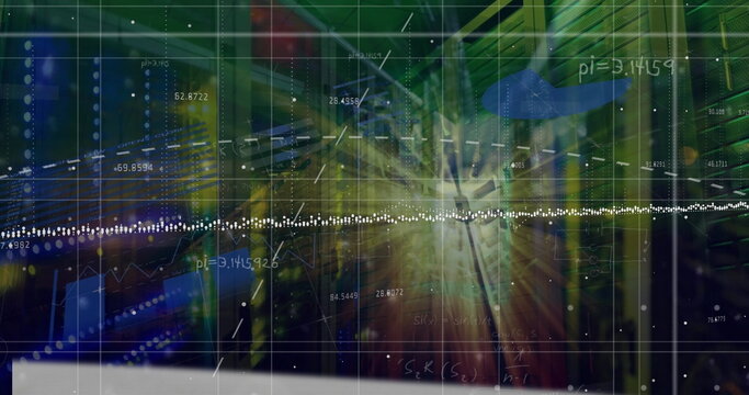 Image of statistical data processing and light spot against computer server room