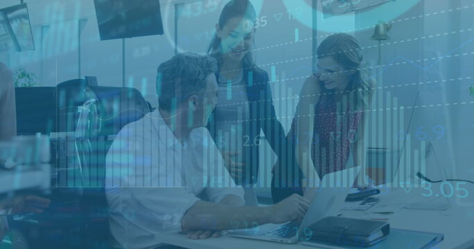 Image of financial data processing over diverse male and female colleagues discussing at office