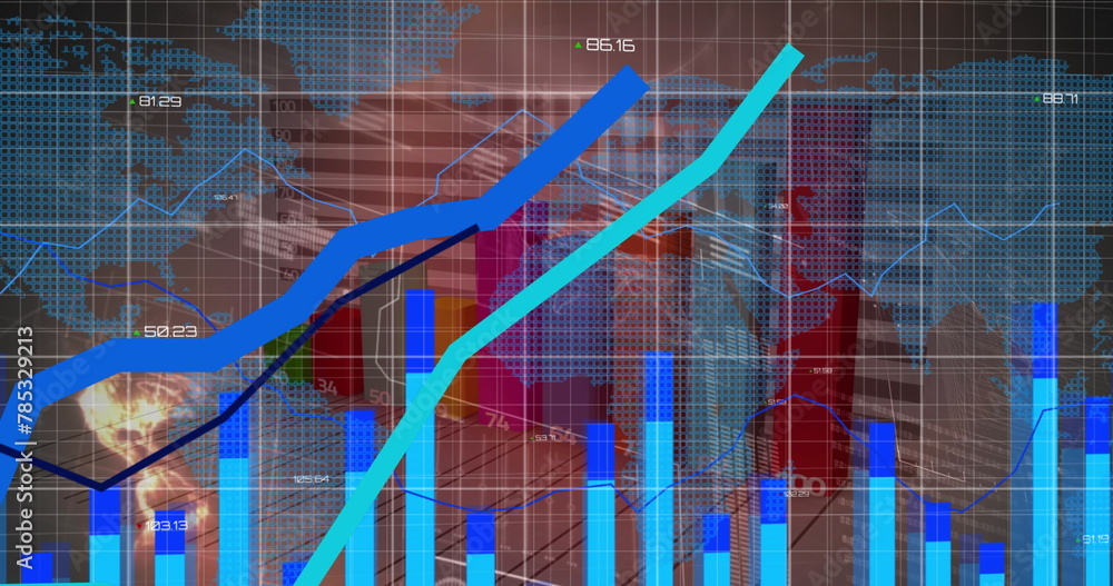 Poster image of statistical data processing over world map against grey background