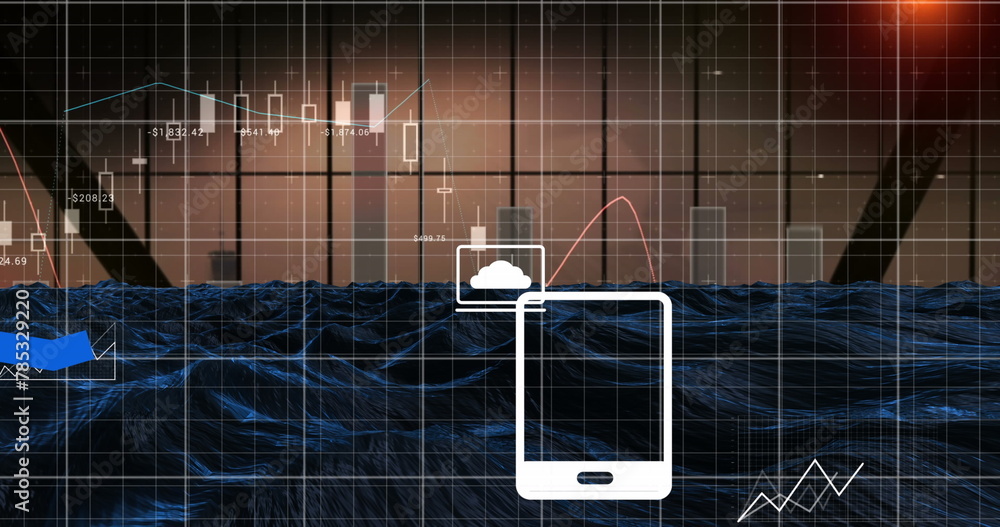 Poster image of digital icons and statistical data processing against blue digital wave
