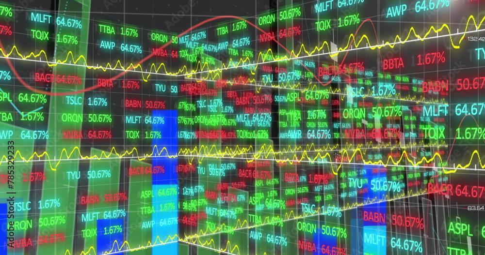 Poster image of stock market and statistical data processing over world map against grey background