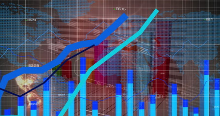 Image of statistical data processing over world map against grey background