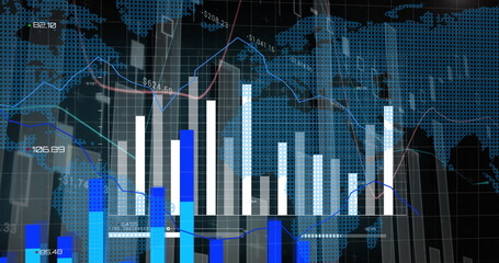 Image of statistical data processing over world map against black background