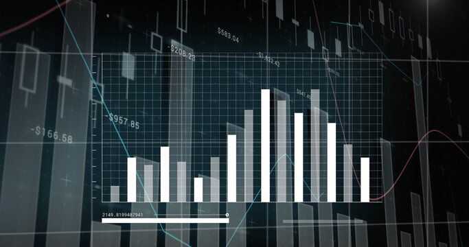 Image of statistical data processing over world map against black background