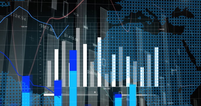 Image of statistical data processing over world map against black background