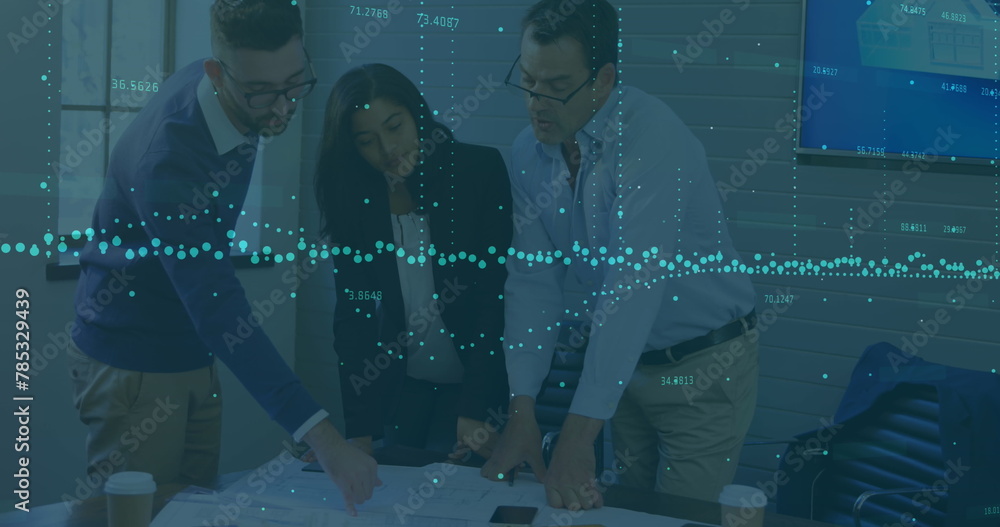 Aufkleber image of statistical data processing over diverse group of businesspeople discussing at office