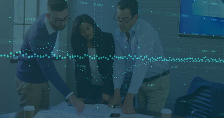 Image of statistical data processing over diverse group of businesspeople discussing at office