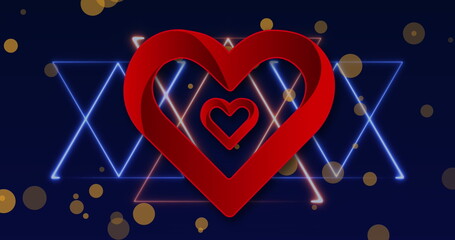 Image of red heart icon over neon light trails and yellow spots against blue background