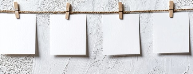 blank white photo cards hung on a clothesline against a dreamy bokeh background, with a color...