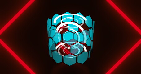 Image of hexagonal shapes spinning against red neon tunnel in seamless pattern