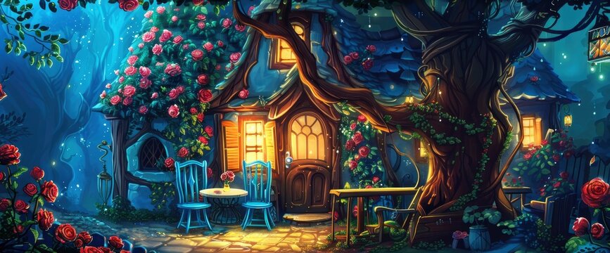 A quaint little house with blooming red roses climbing up the walls, surrounded by blue chairs and an outdoor table under a tree.