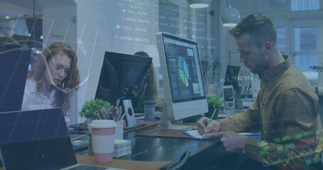 Image of financial data processing over diverse business people in office