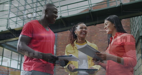 Image of financial data processing over diverse business people