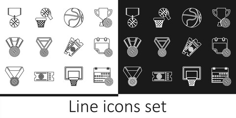 Set line Basketball on sport calendar, medal, game ticket and and basket icon. Vector