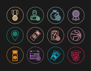 Set line Basketball training, Stopwatch with basketball, game ticket, Location, medal, Planning strategy and player icon. Vector