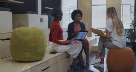 Image of connected icons, numbers, letters, symbols on diverse coworkers discussing reports