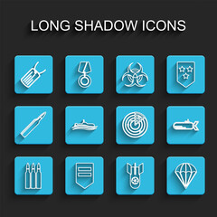 Set line Bullet, Chevron, Military dog tag, Nuclear bomb, Parachute, Submarine, and Radar with targets icon. Vector