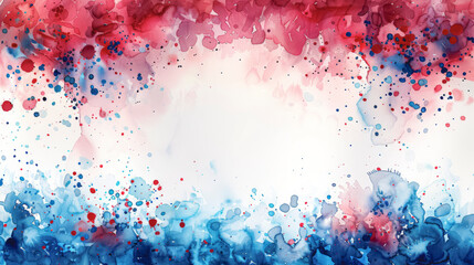 Blue and pink spots and drips of watercolor paint on a white background.