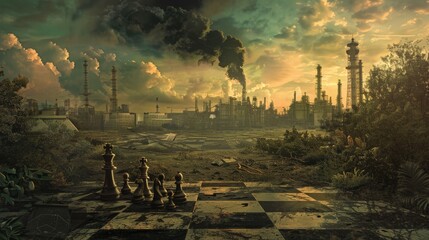 Concept art showing the clash of industrial and natural worlds on a chessboard - obrazy, fototapety, plakaty