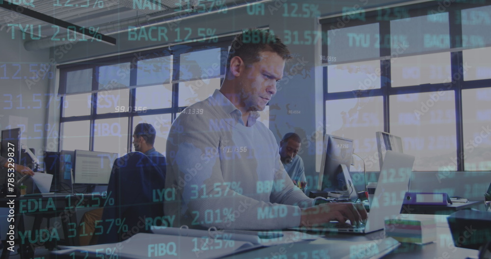 Sticker Image of stock market data processing over thoughtful caucasian man using laptop at office