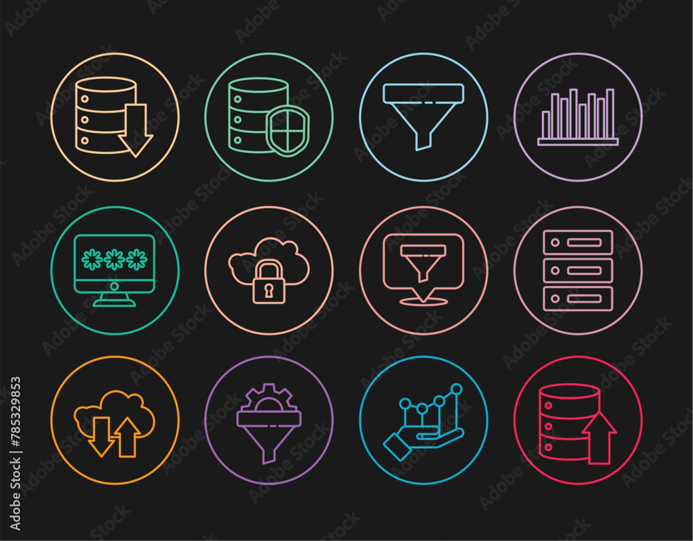 Poster set line server, data, web hosting, sales funnel, cloud computing lock, monitor with password, locat
