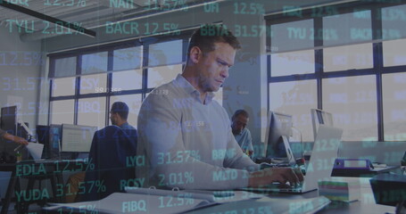 Image of stock market data processing over thoughtful caucasian man using laptop at office