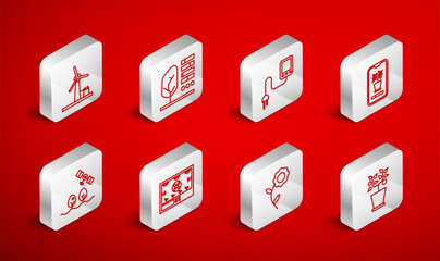 Set line Plant in pot, status, Sensor, Smart control farming system, Flower, Wind turbine, technology and with drone icon. Vector