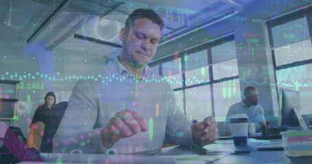 Image of financial data processing over caucasian man using smartphone at office