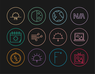 Set line Weather forecast, Earth globe, Wind, Calendar and sun, Sunset, and Eclipse of icon. Vector
