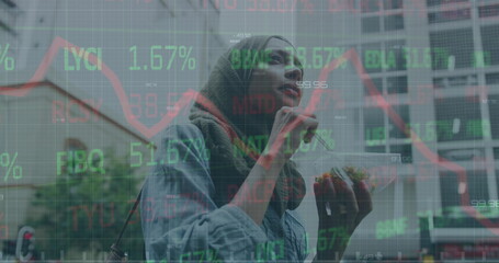 Image of financial data processing over woman using smartphone