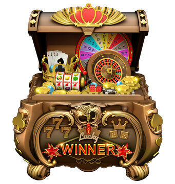 A rich collection of casino game elements and golden coins, piled high in a beautifully crafted treasure chest, adorned with intricate engravings of gambling symbols. 3D illustration