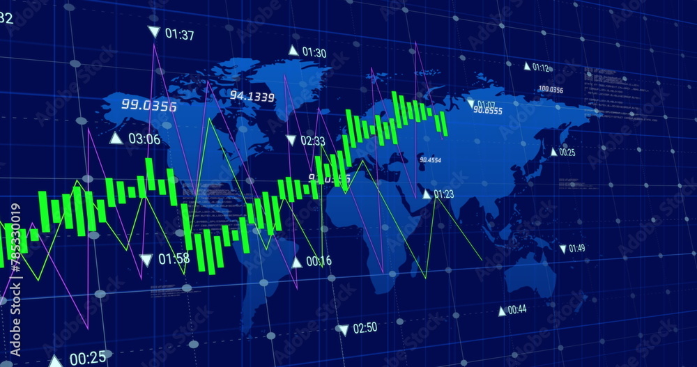 Poster image of financial data processing over world map on black background