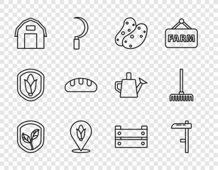 Set line Shield with leaf, Scythe, Potato, Location corn, Farm house, Bread loaf, Wooden box and Garden rake icon. Vector