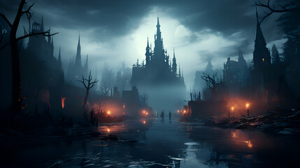 Creepy spooky halloween background with haunted castle and graveyard
