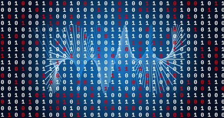 Image of data processing over shapes on blue background