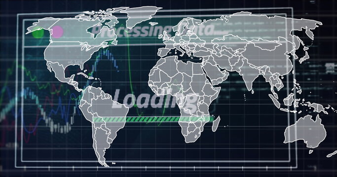 Image of map moving over digital screen with progressing data and loading text against graphs - Powered by Adobe