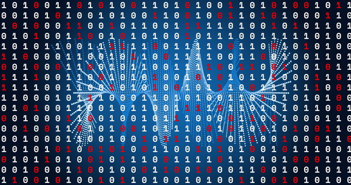 Image of data processing over shapes on blue background