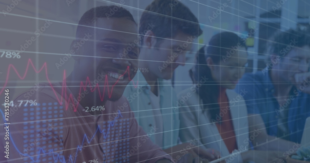 Poster image of data processing over african american using digital tablet smiling at office
