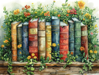 Fototapeta premium Vintage old book watercolor set isolated on white background.