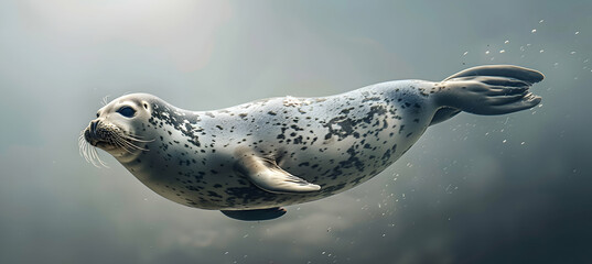 Seal: A playful seal photographed underwater, using natural light to capture its smooth movements, set against a clear ocean background with copy space