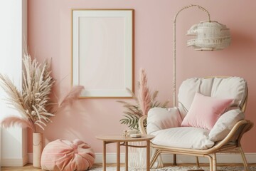 Mockup frame in interior background, room in light pastel colors, Scandi-Boho style. Beautiful simple AI generated image in 4K, unique.