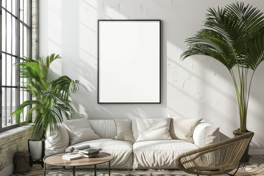 Mockup frame in interior background, room in light pastel colors, Scandi-Boho style. Beautiful simple AI generated image in 4K, unique.