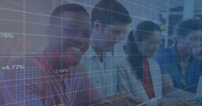 Image of data processing over african american using digital tablet smiling at office