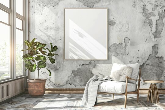 Mockup poster blank frame above a minimalist Scandinavian-style dining set. Beautiful simple AI generated image in 4K, unique.
