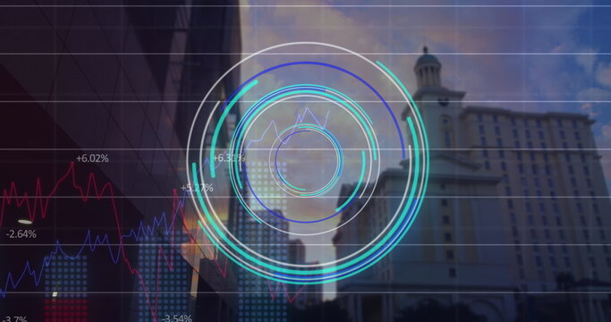Image of scope scanning and data processing over cityscape