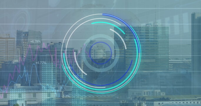 Image of scope scanning and data processing over cityscape