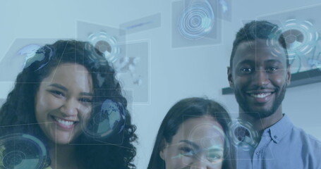 Image of financial data processing over diverse business people