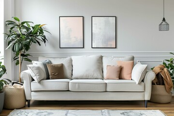 Mockup poster blank frame above a minimalist Scandinavian-style dining set. Beautiful simple AI generated image in 4K, unique.